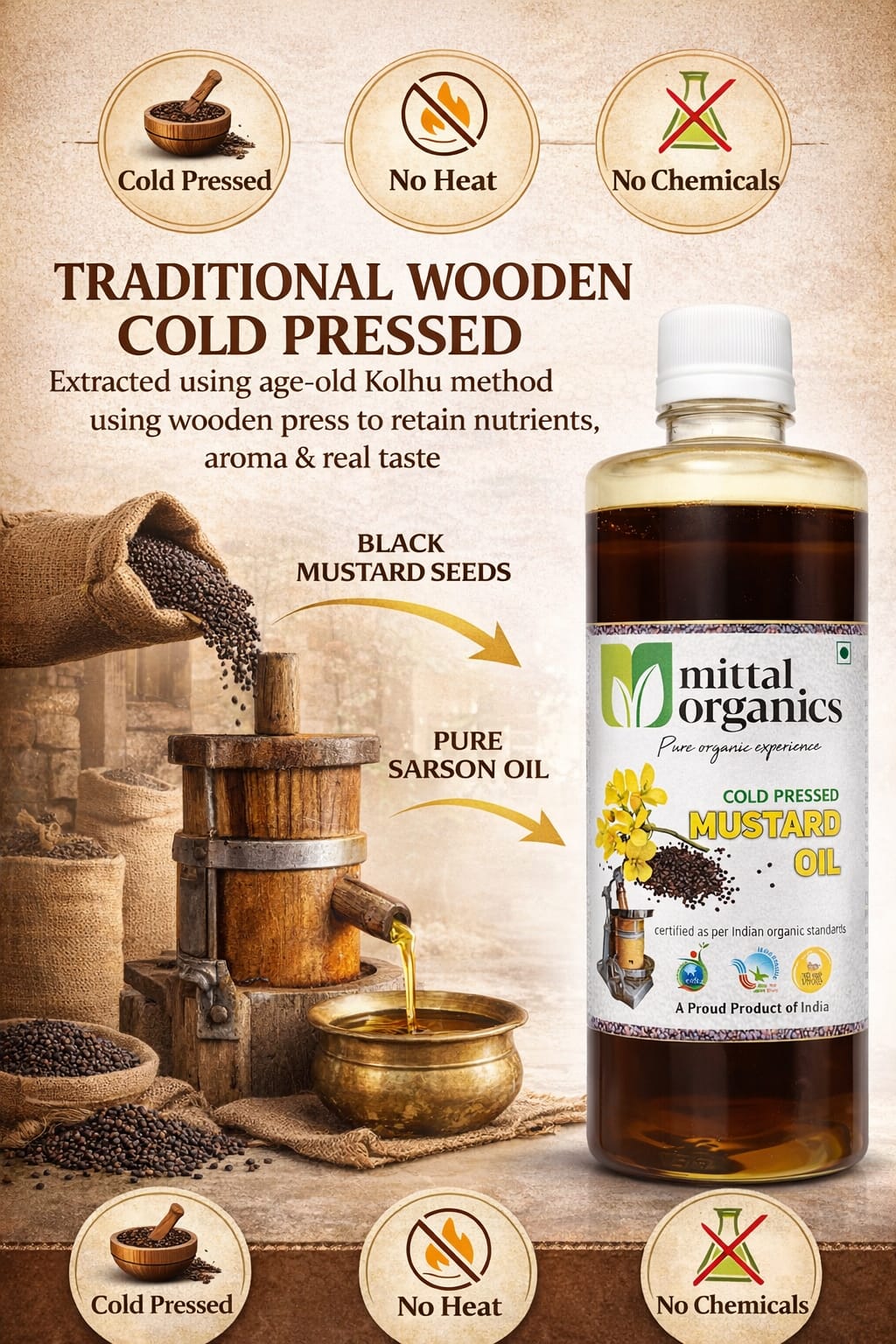 Organic Black Mustard Oil (Sarason) (काली सरसों तेल) (1L) (Pack of 2)