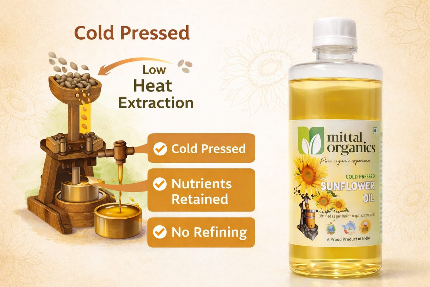 Organic Sunflower Oil (Sooraj Mukhee) (सूरजमुखी का तेल) (1L) (Pack of 2)